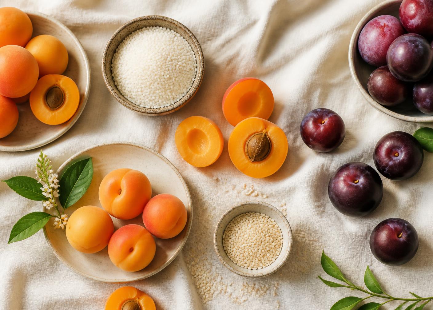 California stone fruit, rice, and sesame seeds on linen